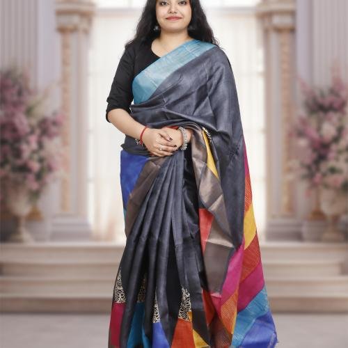 Bishnupuri Gachi Tusser Silk Saree with Hand-Block Design–Multicolour Pallu