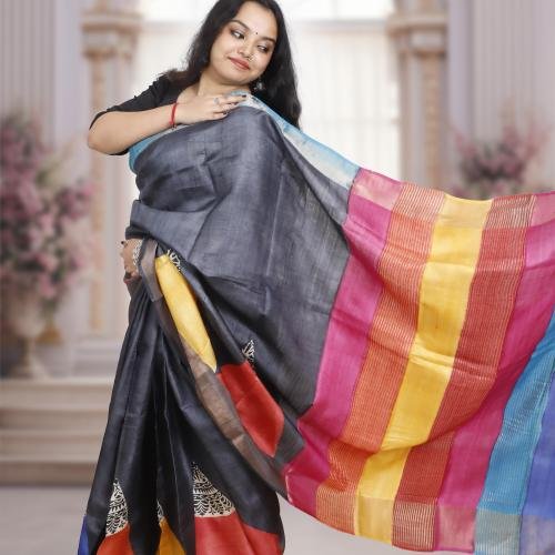 Bishnupuri Gachi Tusser Silk Saree with Hand-Block Design–Multicolour Pallu