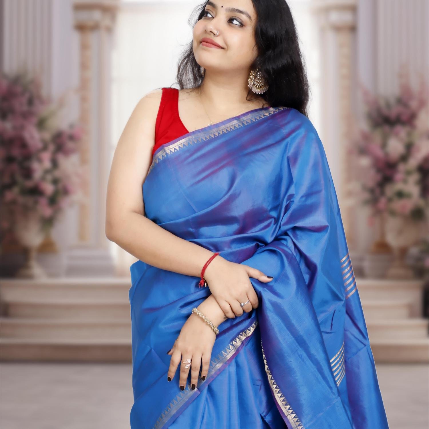 Soft Woven Bishnupuri Katan Silk Saree –Blue with 1-inch Border