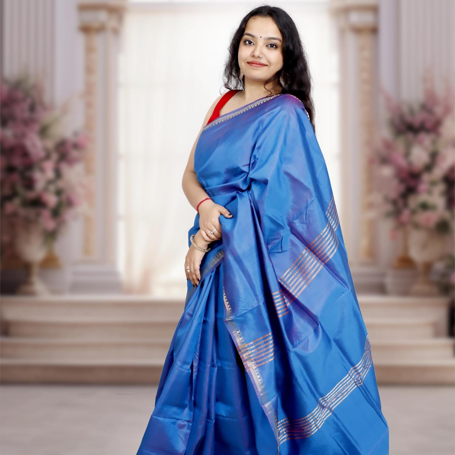 Soft Woven Bishnupuri Katan Silk Saree –Blue with 1-inch Border