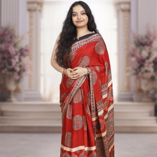Ajrakh Modal Silk Saree (Red) with Hand Made Tassels