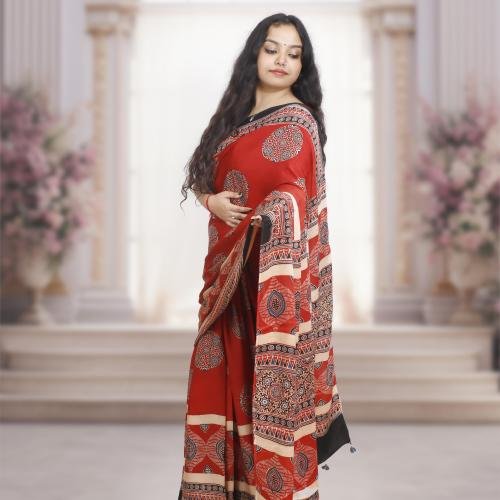 Ajrakh Modal Silk Saree (Red) with Hand Made Tassels
