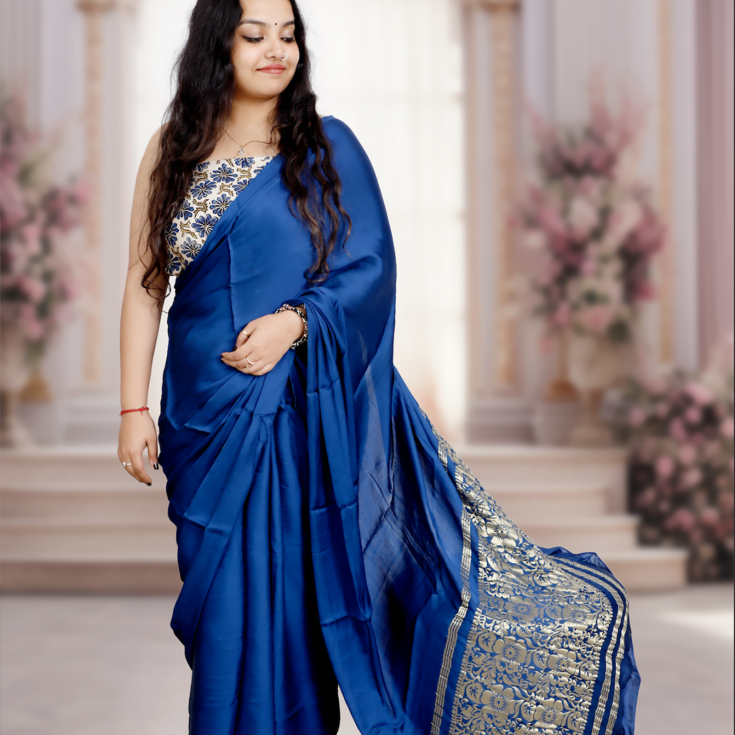 Plain Modal Silk Saree (Deep Blue) With Nakshi Pallu And Ajrakh Blouse