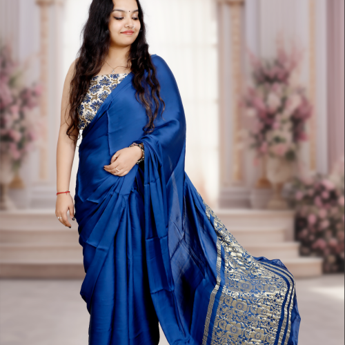Plain Modal Silk Saree (Deep Blue) With Nakshi Pallu And Ajrakh Blouse