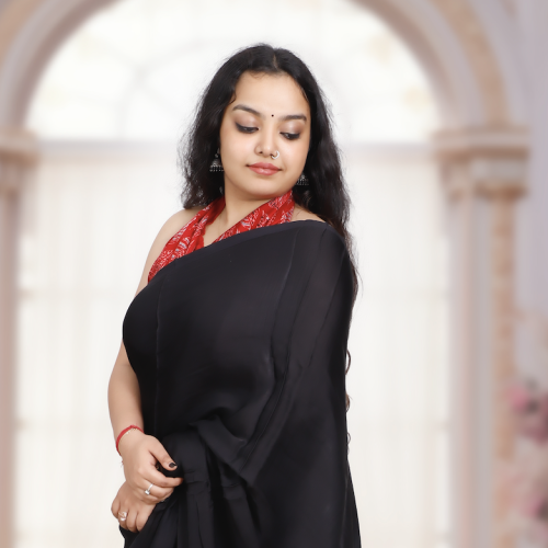 Plain Modal Silk Saree (Black) With Nakshi Pallu And Ajrakh Blouse