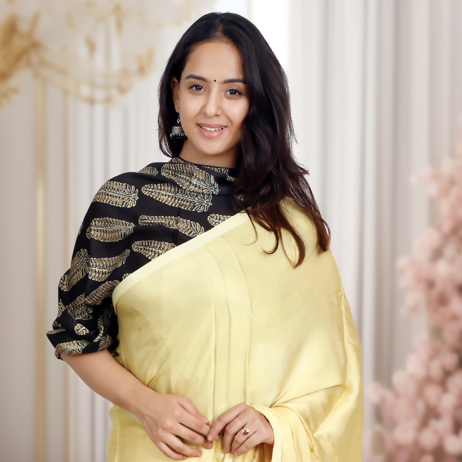 Plain Modal Silk Saree (Yellow) With Nakshi Pallu And Ajrakh Blouse