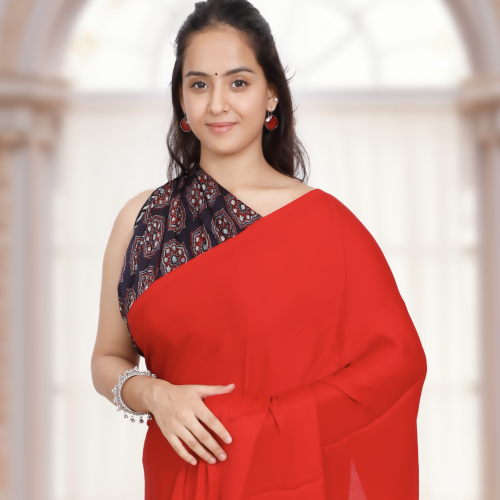 Plain Modal Silk Saree (Red) With Nakshi Pallu And Ajrakh Blouse