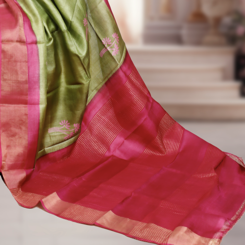 Bishnupuri Gachi Tusser Silk Saree with Hand-Painted Design – Green & Pink