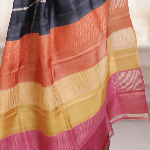 Bishnupuri Gachi Tusser Silk Saree with Shrivori Design– Grey Base