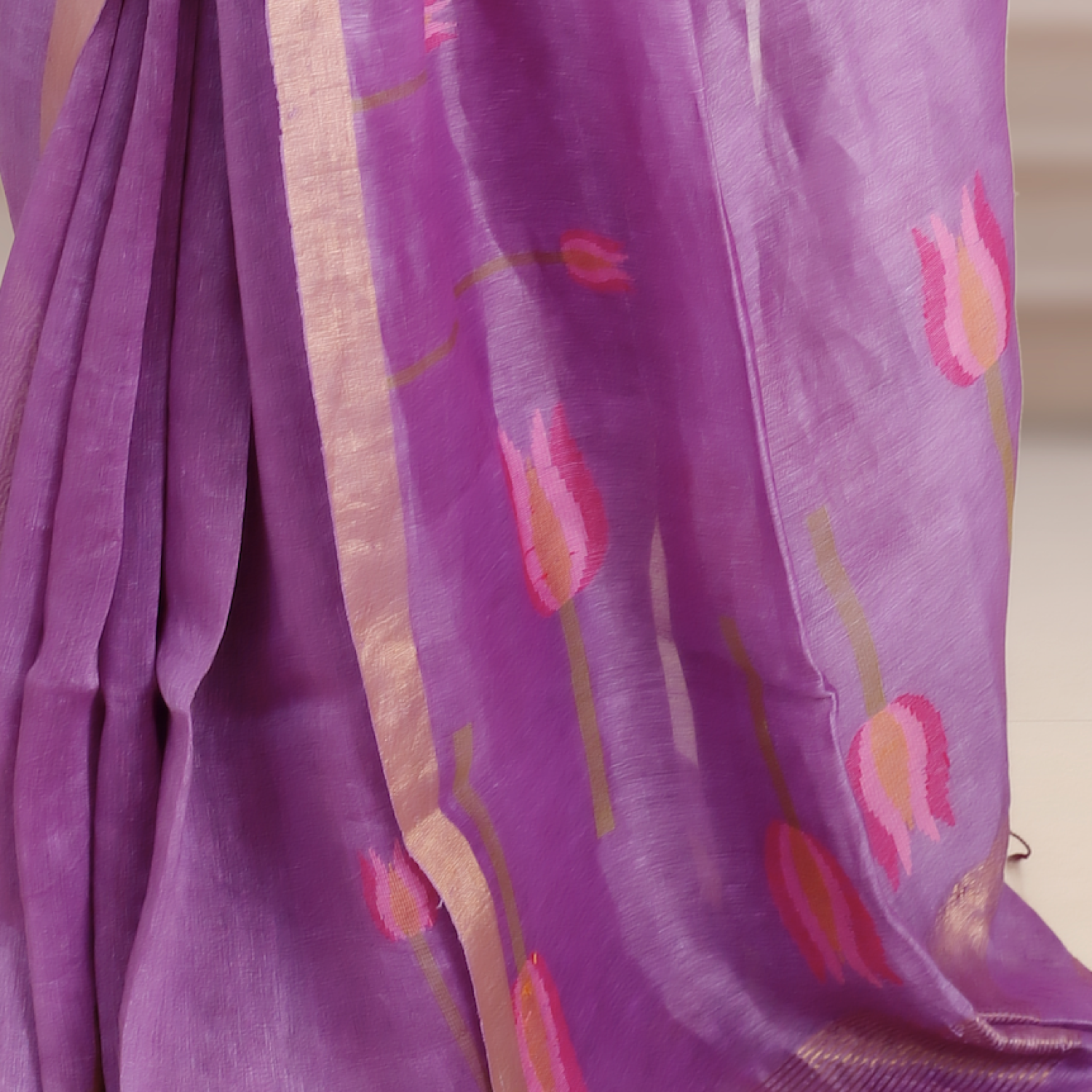 Silk Linen Jamdani Saree with Gold Zari Border – Mauve