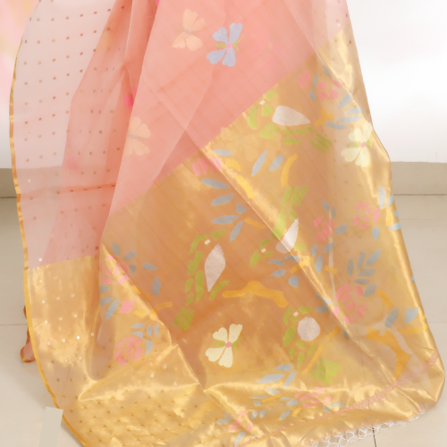 Pure Muslin Paithani Jamdani Saree with Sequins – Peach Pink