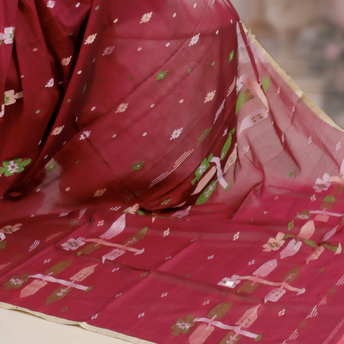 Premium Pure Cotton Handwoven Jamdani Saree – Needle Work in Jamun Pink
