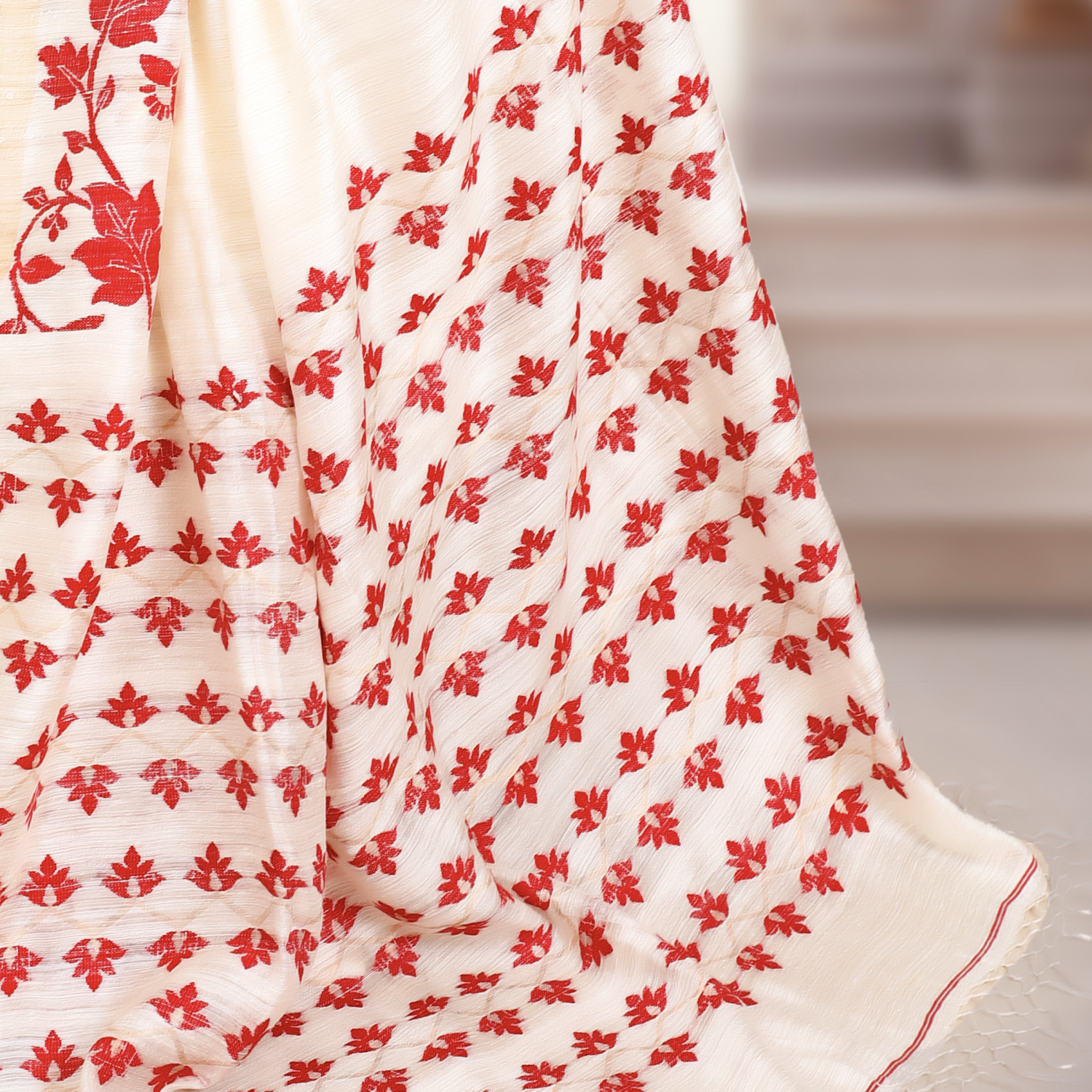 Handwoven Premium Matka Silk Saree with Jamdani Work – Off White with Red Weaving