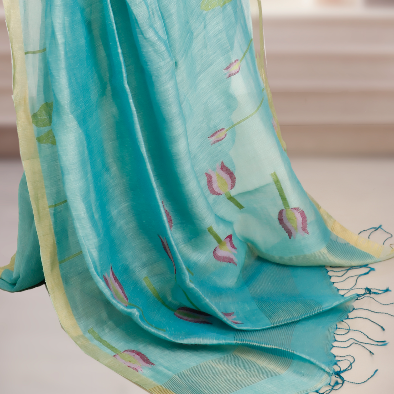 Silk Linen Jamdani Saree with Gold Zari Border – Teal Blue