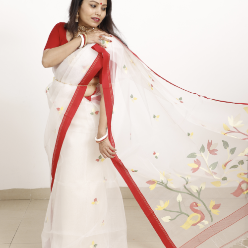 White Muslin Silk Handwoven Dhakai Jamdani Saree with Red Border
