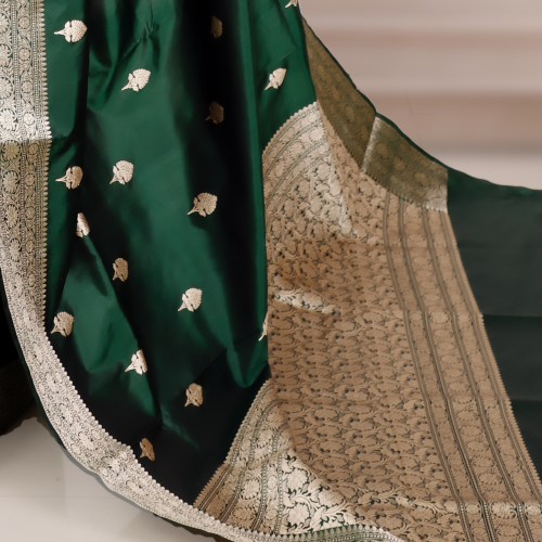 Pure Katan Silk Banarasi Handloom Saree with Kadhua Work – Bottle Green