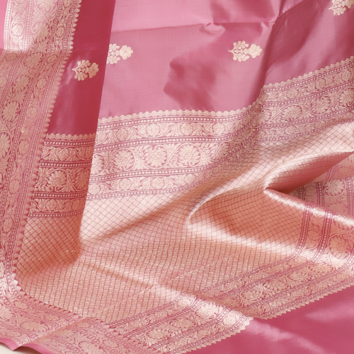 Pure Katan Silk Banarasi Handloom Saree with Kadhua Work – Onion Pink