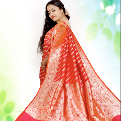 Banarasi Katan by Katan Silk Saree with Leheria – Dual Tone Dark Pink & Orange