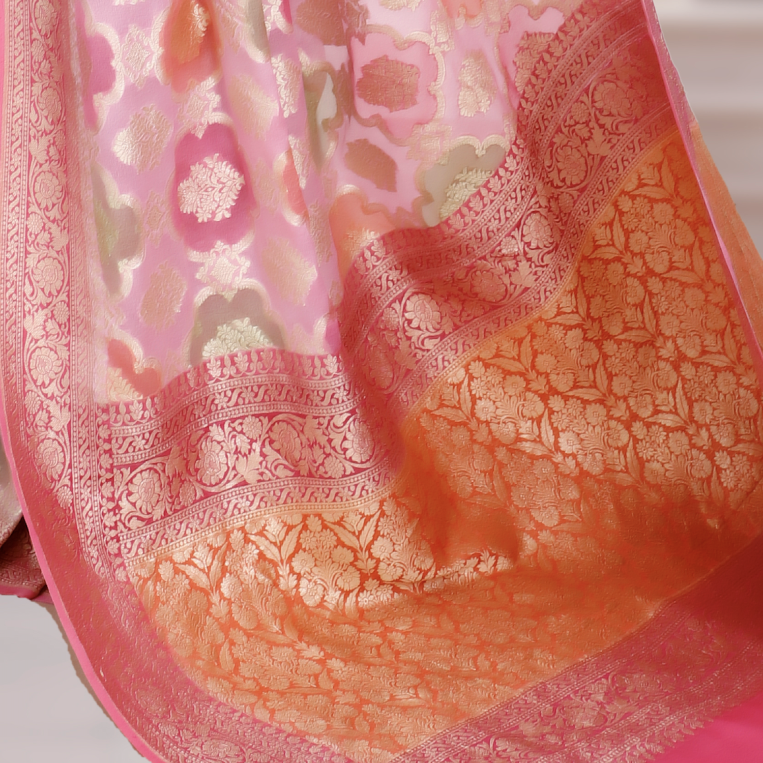 Rangkat Pure Khaddi Georgette Banarasi Handloom Saree – Pink Base