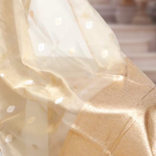 Handwoven Gold Banarasi Kora Tissue Saree with Kadwa Weaving