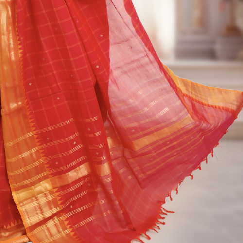 Pure Kanchi Cotton Saree – Red Body with Square Checks, Orange Border & Gold Zari