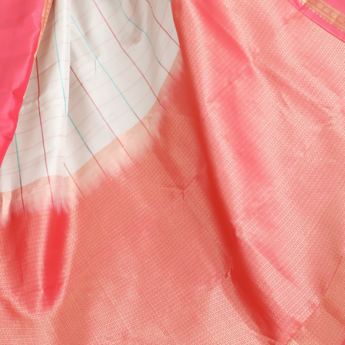Handwoven Kanchipuram Silk Saree – White with Light Blue & Pink Checks