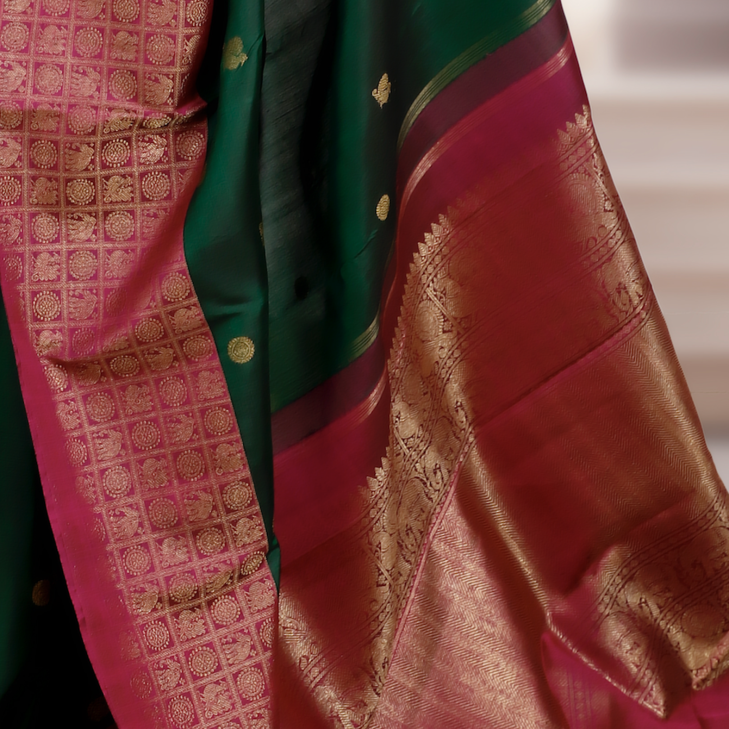 Pure Silk Green Kanchipuram Saree with Real Gold/Silver Zari – Rani Pink Border & Pallu