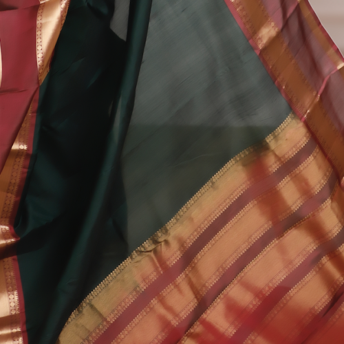 Handwoven Dark Green&Maroon Kanchipuram Silk Saree with Gold Zari Border