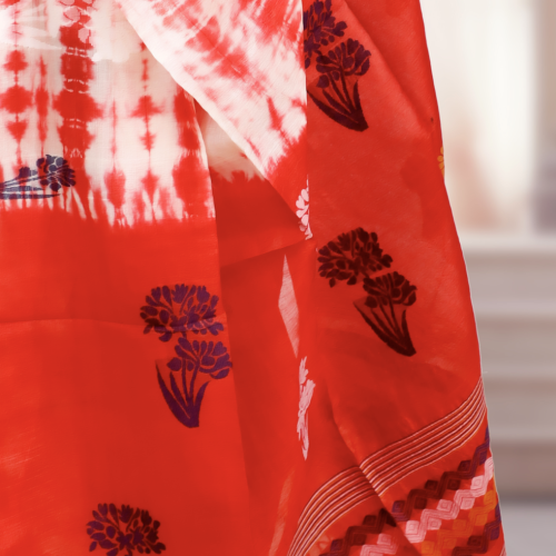 Handwoven Tusser Shrivori Jamdani Saree – Red & White