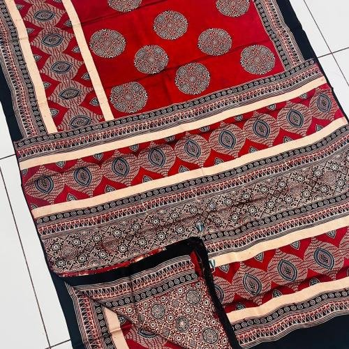 Ajrakh Modal Silk Saree (Red) with Hand Made Tassels