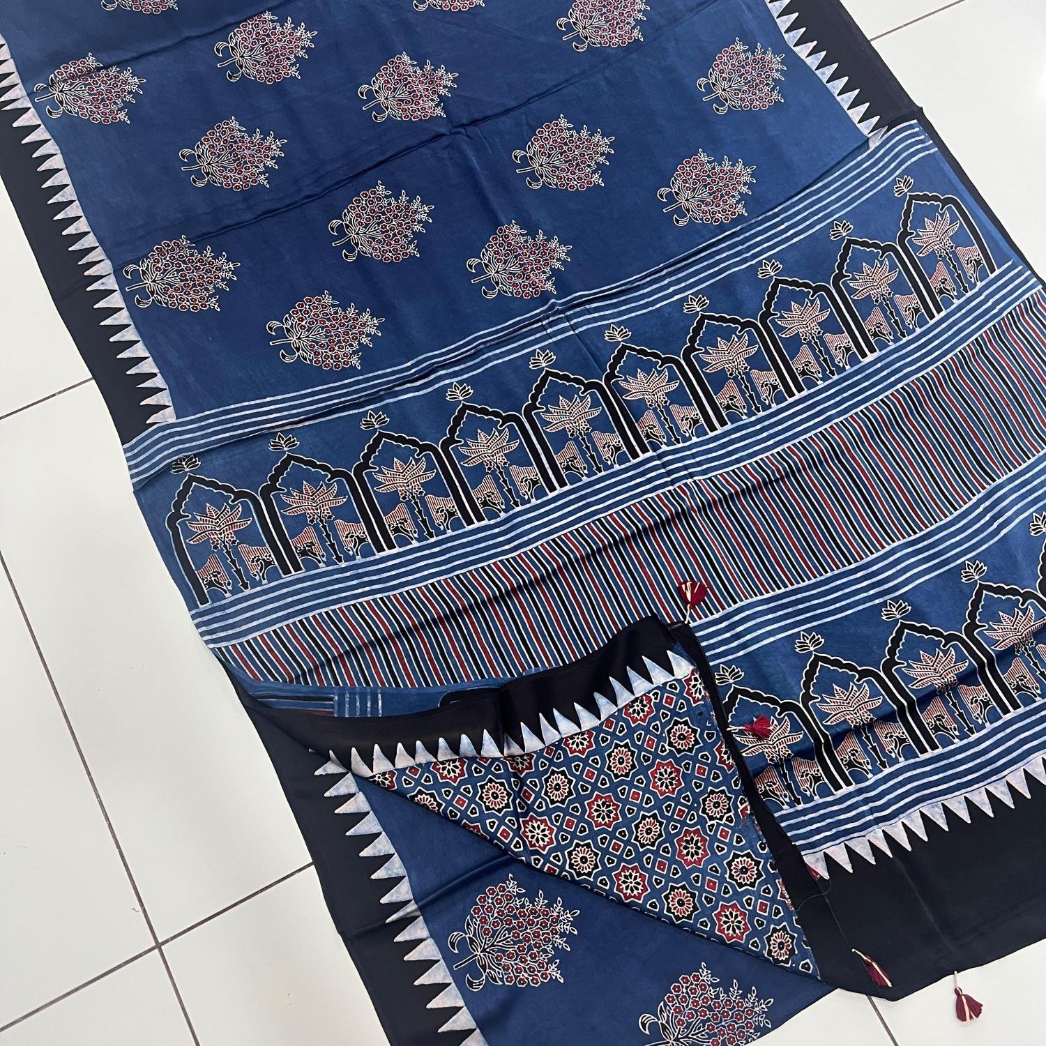 Ajrakh Modal Silk Saree (Blue) with Hand Made Tassels
